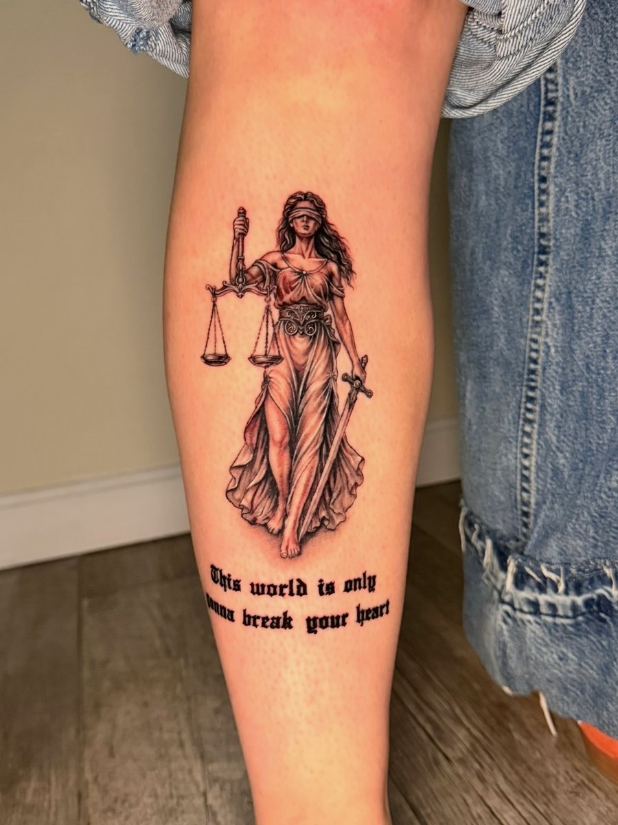 Blindfolded Lady Justice holding scales and a sword on the calf, with blackletter script “This world is only gonna break your heart”, black and grey realism tattoo by Brendon at Diamond Mind Tattoo, Buzzards Bay