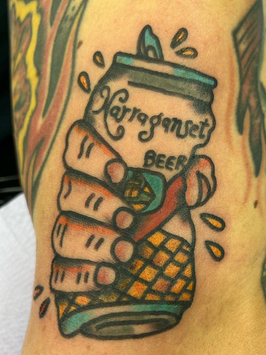Hand crushing a beer can, American Traditional tattoo by Chris at Diamond Mind Tattoo, Buzzards Bay